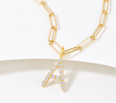 Diamonique Paper Clip Link Initial Necklace, 14K Plated Sterling Silver, A Initial